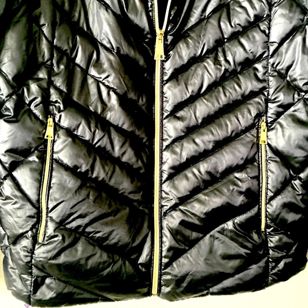 Black Puffer Jacket Full Zip W Hidden Hood Sz Lg - Picture 2 of 6